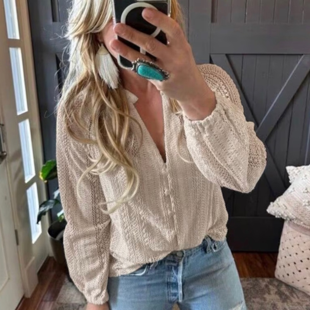 New Bohemian Cream Lace Long Sleeve V-Neck Button Front Blouse Top - Picture 8 of 8